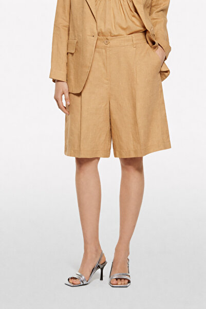 Sisley 100% Linen Pleated Detailed High Waist Bermuda Shorts Women's Yellow S...