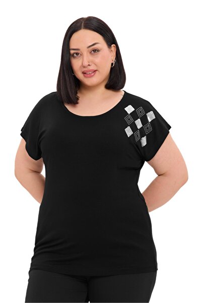 DISENTIS MODEST Plus Size Low Short Sleeve Black Blouse with Diamond Pattern ...