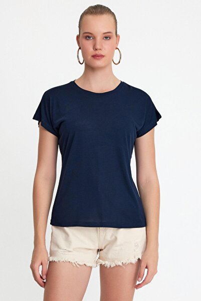 QUHOX Tricou de damă din țesătură din bambus, cu gât roșu, bleumarin