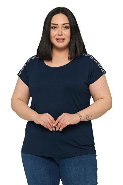 DISENTIS MODEST Plus Size Low Short Sleeve Navy Blue Blouse with Stripe Patte...