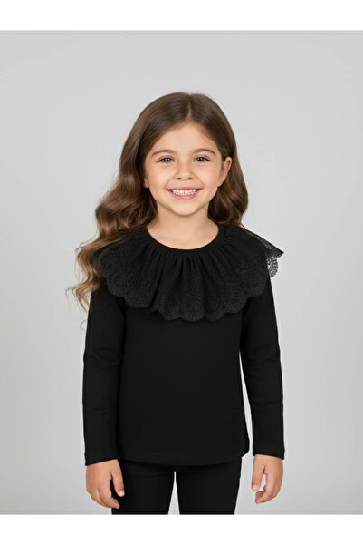 zubi kids Kız Çocuk Geniş Dantel Yakalı Siyah Bluz (5-14 Yaş)