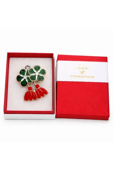 OEM Mărțișor Broșă Aurie cu Flori Verzi și Clopoței Roșii, Design Elegant de ...