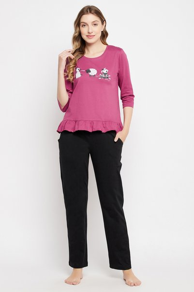 Clovia Graphic Print Top in Mauve & Chic Basic Pyjama in Black - 100% Cotton