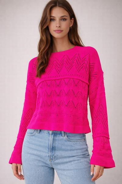 FERHEL Openwork Long Sleeve Knitwear Sweater - Fuchsia