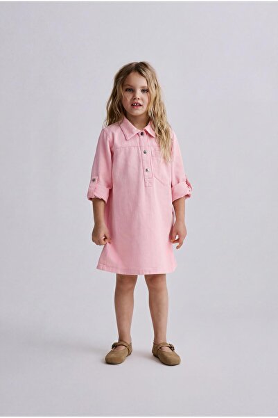 Magu Girl's Cotton Pink Shirt Collar Dress