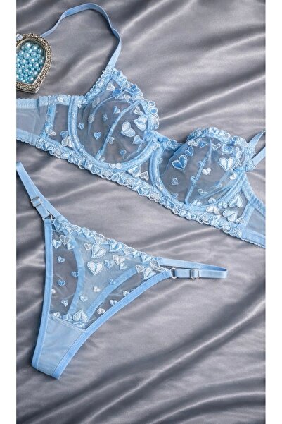 RUYAZ TEKSTİL Lace Bralet Bra Panty Set Transparent Blue Heart