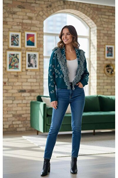 Sea Style Green Ethnic Patterned Tassel Detailed Knitwear Cardigan – V-Neck, ...