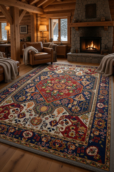 kilim home سجادة أرضية أناتولية مزخرفة بنقوش شعبية ومضادة للانزلاق - سجادة غر...