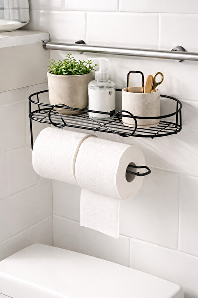BERFİNO حامل ورق التواليت مع رف لاصق، منظم للحائط بدون ثقب - رف معدني أسود لح...