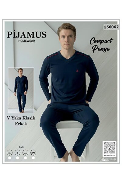 PİJAMUS Men's V-Neck Classic Loose Fit Combed Cotton Pajama Set