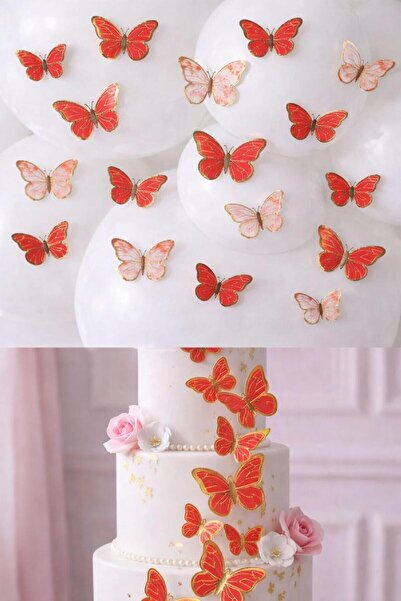 TATLI GÜNLER Kırmızı Gold Varaklı Kelebek Pasta Dekor Süs 63 Adet