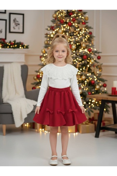 zubi kids طقم تنورة حمراء بتفاصيل فيونكة وياقة من الدانتيل الأبيض للفتيات (5-...