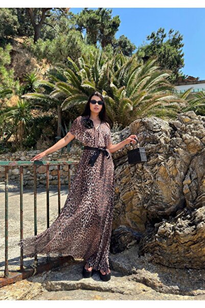 1Moda1Tarz Imported Chiffon Crepe Fabric, Rose and Sash Detailed, Leopard Pat...