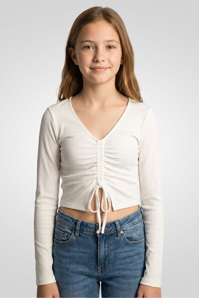 Poof Kids Girl Textured Long Sleeves Top, White