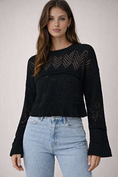 FERHEL Openwork Long Sleeve Knitwear Sweater - Black