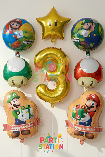 Parti Station مجموعة بالونات سوبر ماريو للأعمار من 3 سنوات - مجموعة من 8 قطع ...
