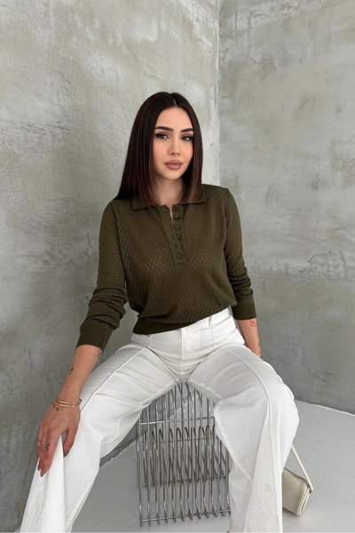 Noi Belis Polo Collar Perforated Half Placket Buttoned Knitwear Blouse Ss26Bz...