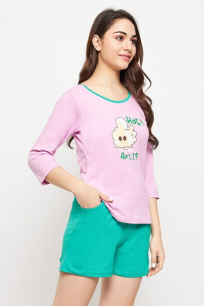 Clovia Graphic & Text Print Top in Lilac & Chic Basic Shorts in Seafoam Green - 100% Cotton