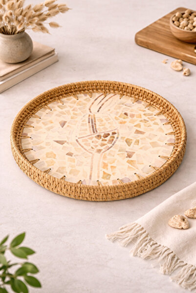 oceanpoint Coated Rattan Tray, Round Shape, Handcrafted Decorative Serving an...