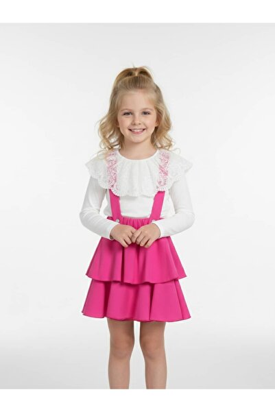 zubi kids Girl's Lace Collared Pink Layered Salopet Skirt Set (Ages 5-14)