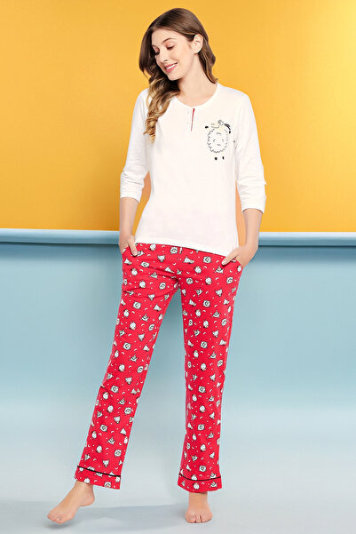 Clovia بلوزة بيضاء مطبوعة بنقشة خروف وبنطال بيجاما أحمر - قطن 100%