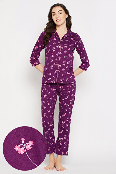 Clovia طقم قميص بيجاما بأزرار أمامية مزين بنقوش زهور جميلة، بلون خمري - قطن 100%