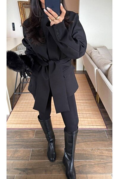 D'RECCY Women's Double-Breasted Oversize Blazer Jacket with Belt Detail