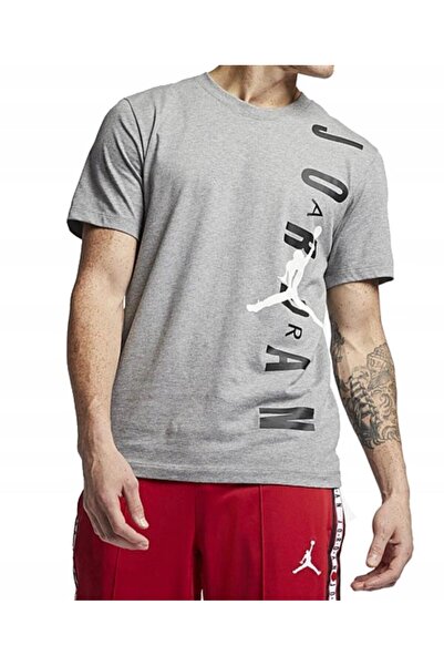 JORDAN Tricou gri cu imprimeu vertical și logo Jumpman alb.