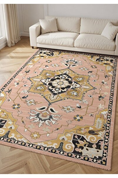 kilim home Powder Pink Black Gold Modern Classic Living Room Carpet with Cent...