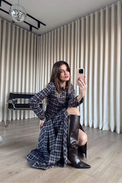 Sue Store Navy Blue Red Plaid Oversized Belted Maxi Dress