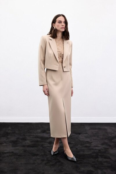 Sateen Fusta midi cu șliț - Bej