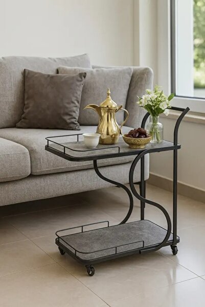 N.zone Modern serving trolley with stone-effect shelves and black metal frame...
