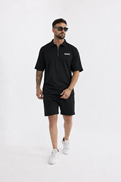 comstar Men's Polo Collar T-Shirt Loose Shorts Black Summer Two-Piece Set