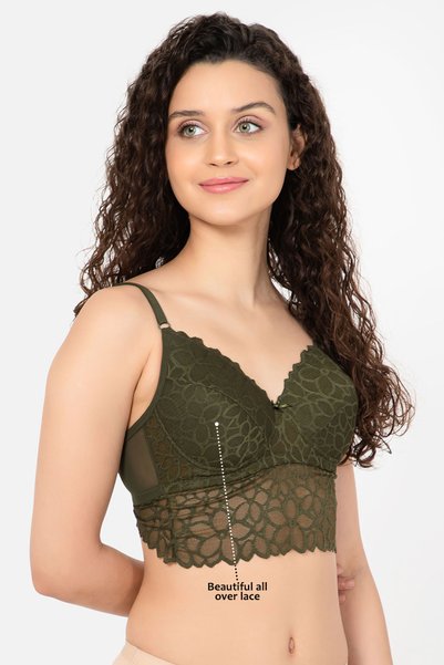 Clovia Padded Non-Wired Multiway Longline Bralette in Olive Green - Lace