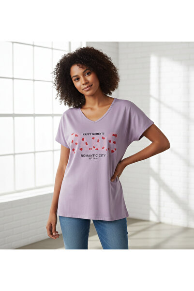 Barato Γυναικείο μπλουζάκι μεγάλου μεγέθους με λαιμόκοψη V και στάμπα από βαμ...