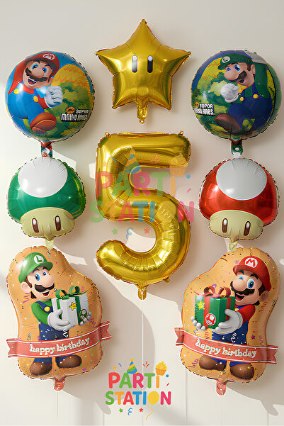 Parti Station Süper Mario Balon Set 5 Yaş - 8 Parça Folyo Doğum Günü Balon Seti