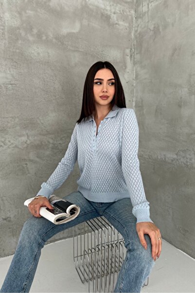 Noi Belis Polo Collar Perforated Half Placket Buttoned Knitwear Blouse Ss26Bz...