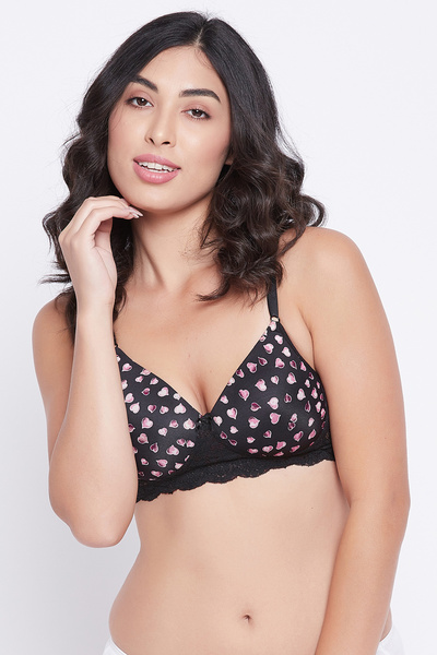 Clovia Padded Non-Wired Full Cup Heart Print T-shirt Bra in Black
