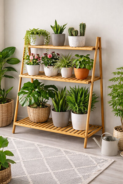 TrentonGCC 3-Tier Bamboo Plant Rack Stand – Multi-Depth Shelves 45×95×125 cm