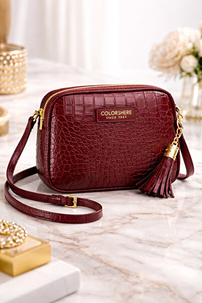 COLORSHERE Kadın Bordo Kroko Desenli Zincir Detaylı Püsküllü Omuz Ve Çapraz Ç...