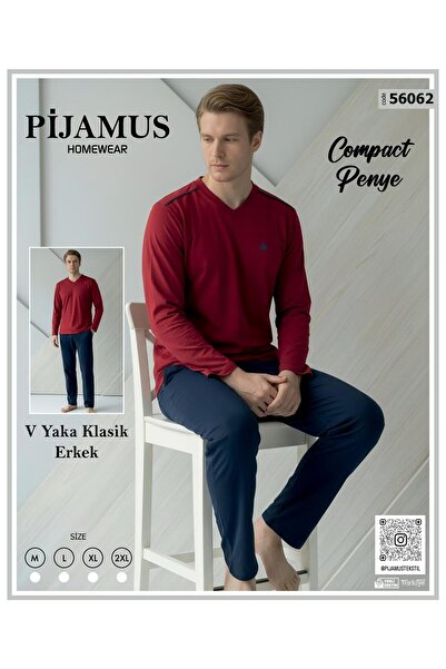 PİJAMUS Men's V-Neck Classic Loose Fit Combed Cotton Pajama Set