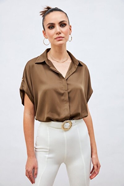 Sateen Casual Shirt with Sleeve Detail - Brown