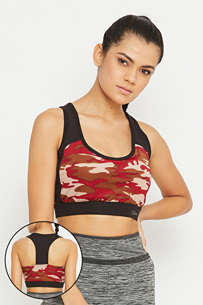 Clovia Medium Impact Padded Camouflage Print Racerback Sports Bra in Maroon