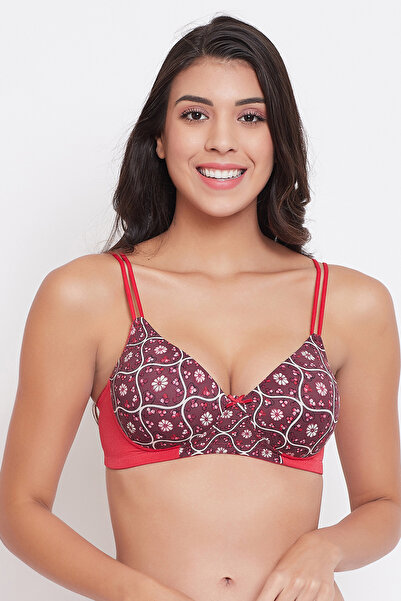 Clovia Padded Non-Wired Full Cup Floral Print T-shirt Bra in Brown