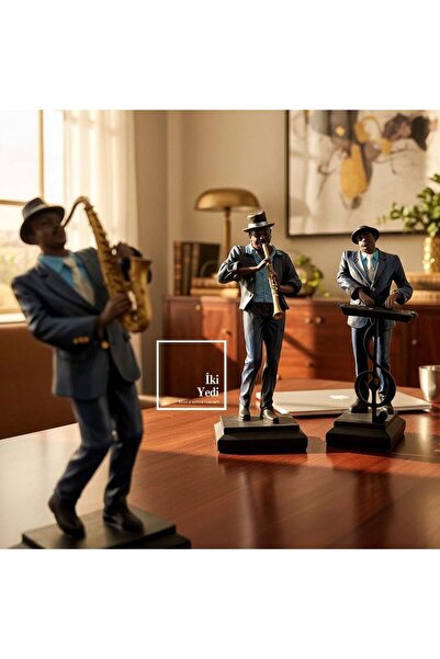 İki Yedi Konsept Cocles Jazz Müzisyen Biblo Seti 3’lü, Saksafon Klarnet Piyan...