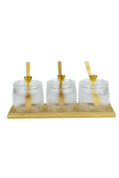 Generic Striped Glass Jar Set with Spoons and Golden Touch Lid