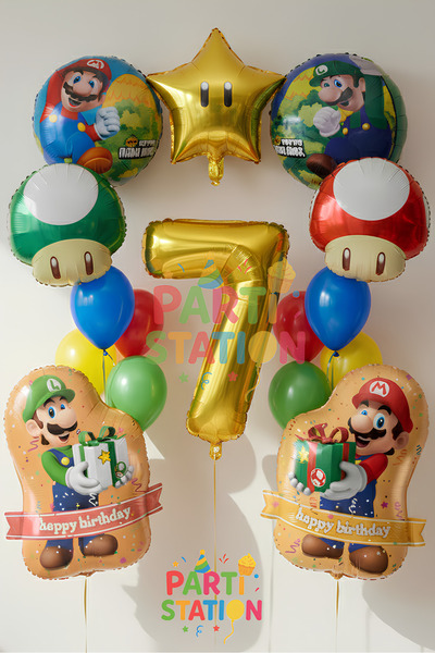 Parti Station Mario Themed 7 Year Old 16 Piece Birthday Balloon Set