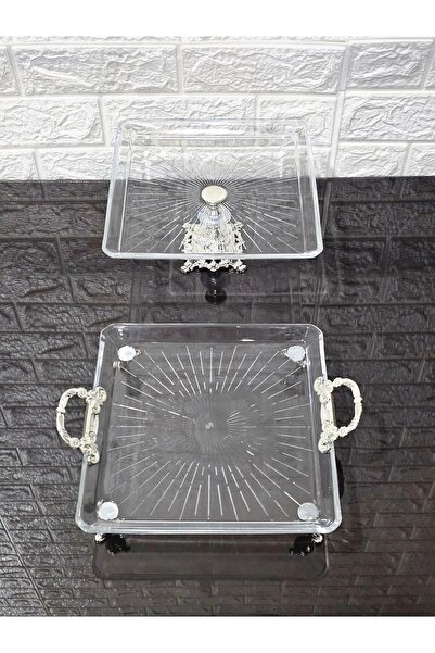 atabey home 2 Parça Gümüş Döküm Ayaklı ve Kulplu Kare Sunumluk |Pasta–Kurabiy...