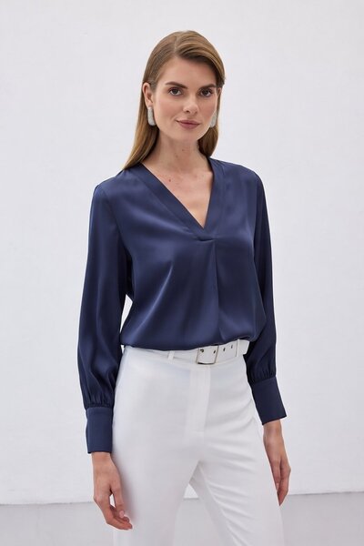 Sateen V-Neck Satin Blouse - Navy Blue