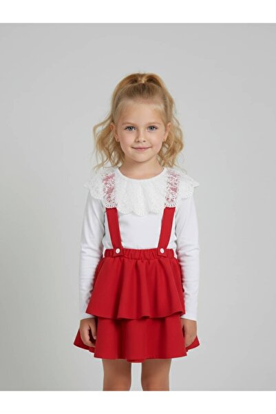 zubi kids طقم تنورة سالوبيت حمراء بياقة دانتيل للفتيات (5-14 سنة)